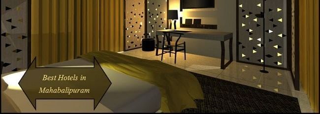 A bedroom with a large bed, a lamp, a wall mounted TV, a writing table, a chair and decorative elements in the back, with 'Best hotels in Mahabalipuram' written on the image.