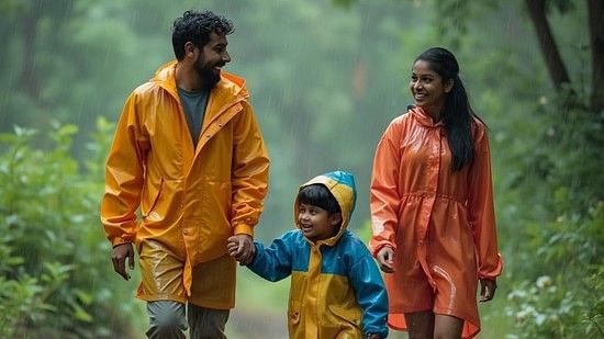  Family in colourful raincoats walking through lush greenery.