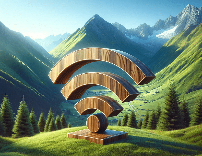 DALL·E 2023-12-18 20.16.04 - A picturesque mountain landscape with lush greenery and clear blue skies. In the foreground, a modern, sleek Wi-Fi symbol made of natural materials li