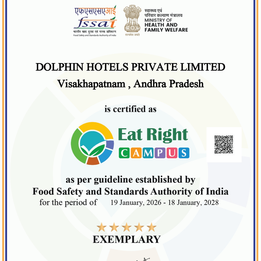 Certificate issued to Dolphin Hotels Private Limited, Visakhapatnam, Andhra Pradesh, recognizing the property as ‘Eat Right’ compliant with food safety and hygiene standards.