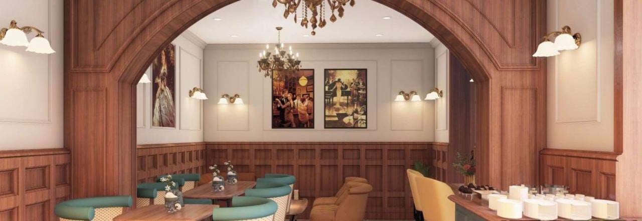 Elegant restaurant or hotel dining area featuring dark wood panelling, an arched doorway, and teal and mustard seating at BluSalzz Terrah Hills Resort, Dalhousie.
