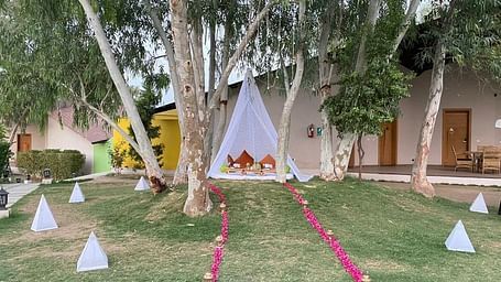 A tent and decorations line a grassy path under tall trees in a garden setting.