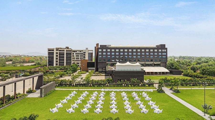 Aerial view of seating arrangement at Orion Lawn at Essentia Luxury Hotel, Indore 