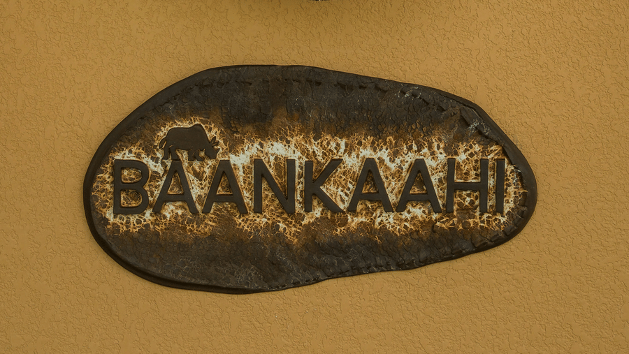 A vertical close-up of a wall at Rhino & River Wildlife Retreat & Spa, Pobitora, featuring a decorative circular metal plate and a stone plaque engraved with the word.