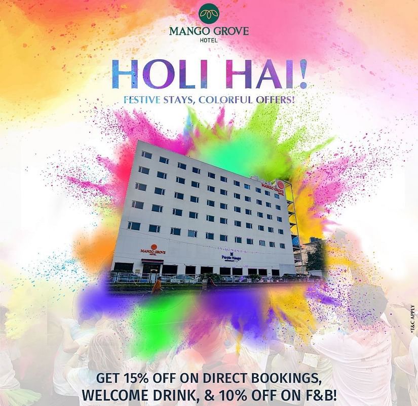 A creative showcasing the Holi offer details presented by Mango Grove.