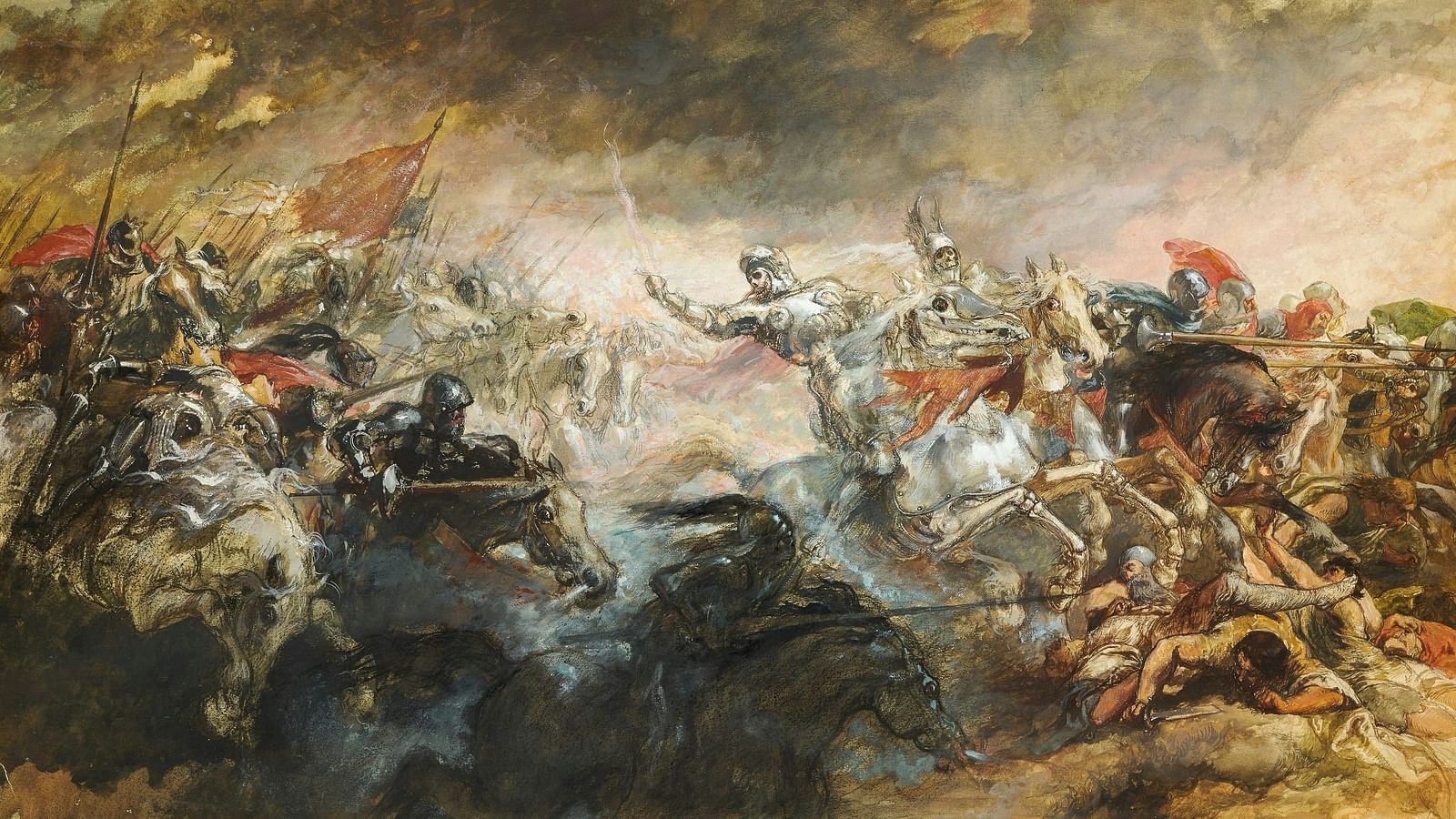 Historic battle painting depicting soldiers in combat with dramatic expressions.