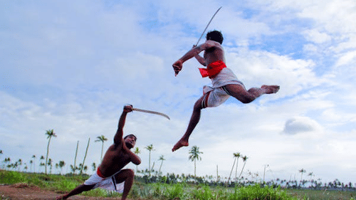 An overview of two men practicing kalari on an open field during the day - Abad Green Forest, Thekkady.