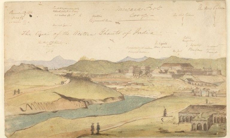 Pen and ink sketch of Mercara Fort in Coorg with river.