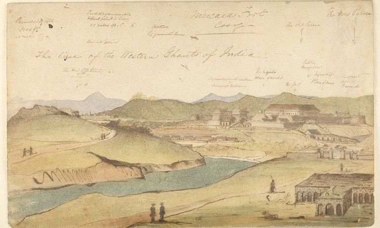 Ruins of the Guest-House - Pen-and-ink and water-colour sketch of Madikeri by an unknown artist c.1840.