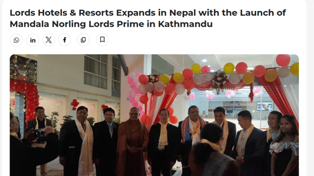 Inauguration of Mandala Norling Lords Prime in Kathmandu: Group of men and women, some wearing ceremonial scarves, stand outside the hotel entrance decorated with balloons.