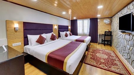 An image of a room with twin bed, flat screen TV, decorative lighting - Sumitel Darjeeling