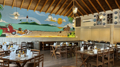 Full view of the Tulipe All-day Dining Restaurant featuring wooden chairs and tables set in the dining space, along with a wall mural inspired by the Goan beaches - Golden Tulip Goa Mandrem