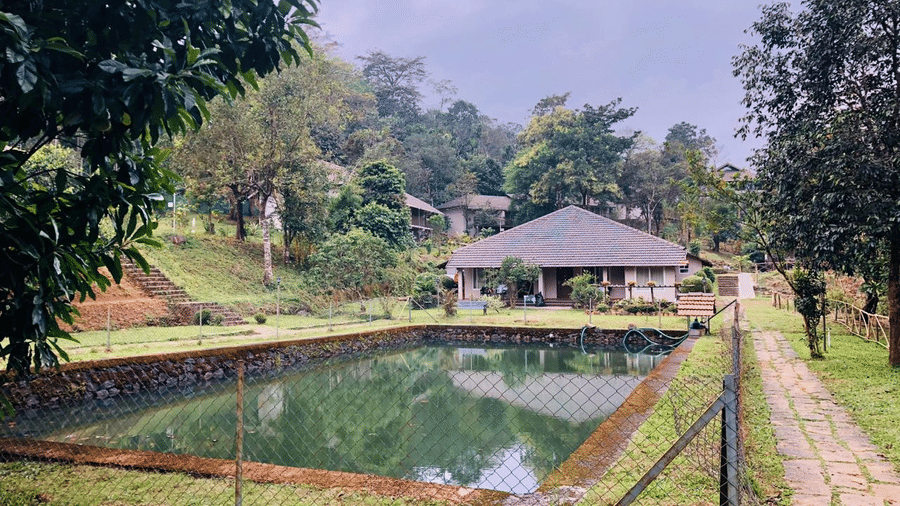 A pond with a stone embankment lies in front of a house, surrounded by trees and a well-maintained garden.- Abad Brookside Lakkidi, Wayanad