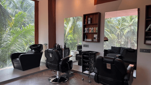 Hair styling section with mirrors and wooden flooring at Silver Sand Beach Resort, Havelock.