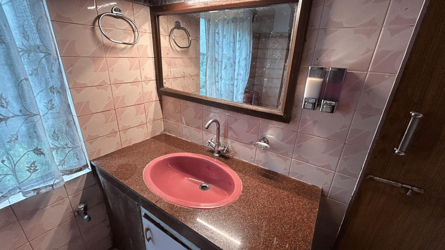 Bathroom with a pink sink, mirror, toiletries shelf, and pink tiled walls at Hotel Dolphin Darjeeling.