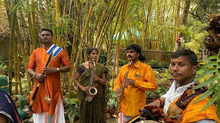 Traditional Band for a wedding procession at Hoysala Village Resort, Hassan