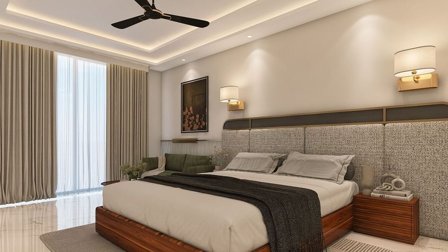 A room with modern interiors and bright lighting featuring a double bed in the middle along with two bed side tables. - Namaste Corbett