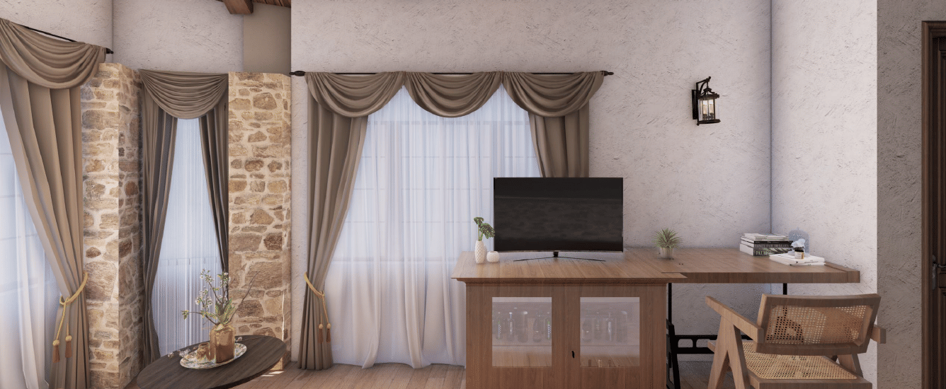 Rustic hotel room with a wooden sloped ceiling, a desk area, and heavy curtains framing the window at BluSalzz Terrah Hills Resort, Dalhousie.