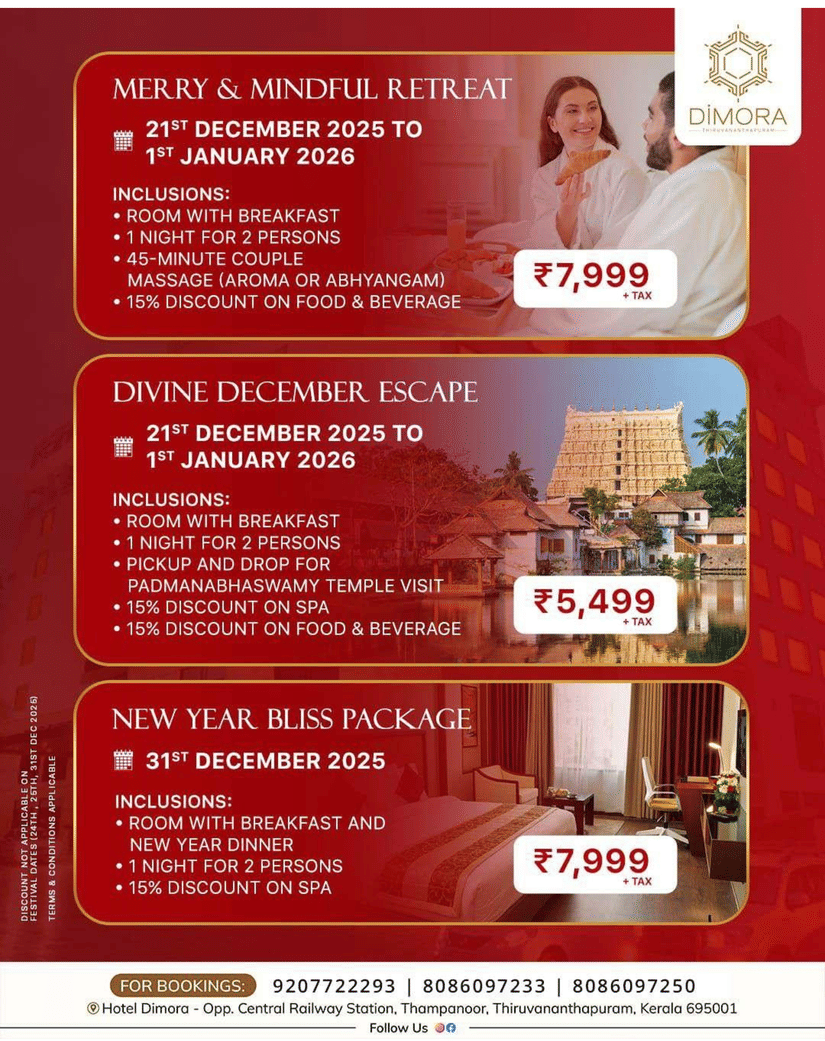 Banner featuring 3 packages i.e. Merry & Mindful Retreat, Divine December Escape & New Year Bliss Package at Dimora, Thiruvananthapuram