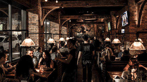 Rustic cafe with people packed