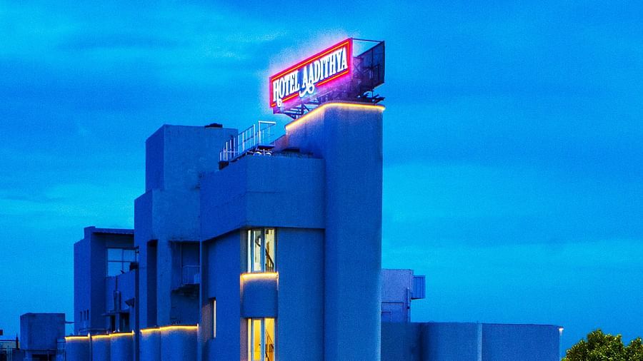 Late evening view of the facade of Hotel Aadithya, Chennai