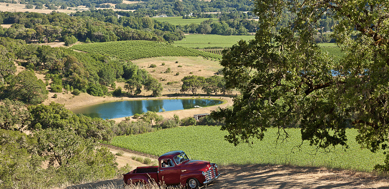 A truck sits on a dirt road overlooking a valley with fields, trees, and a small body of water. 