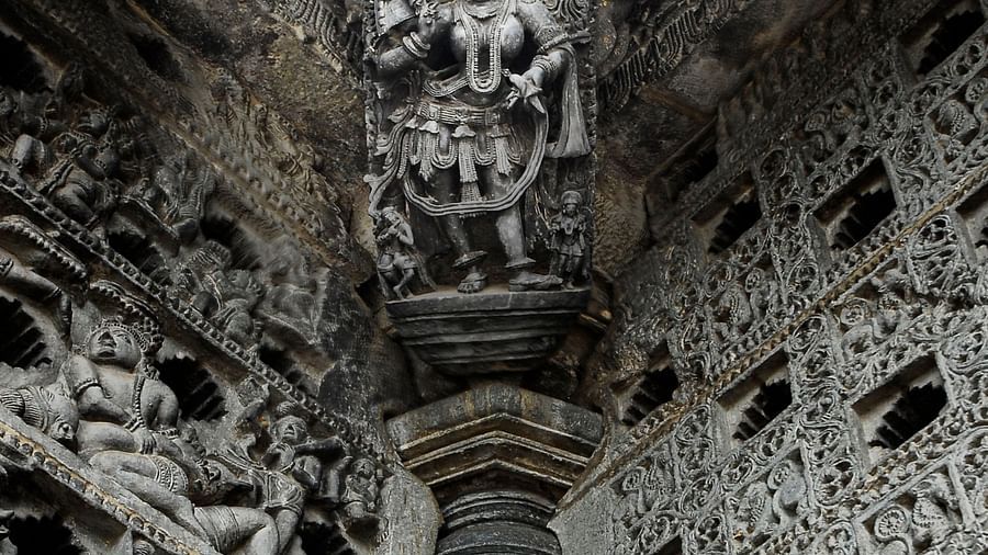 stone carvings at the ceiling of a temple