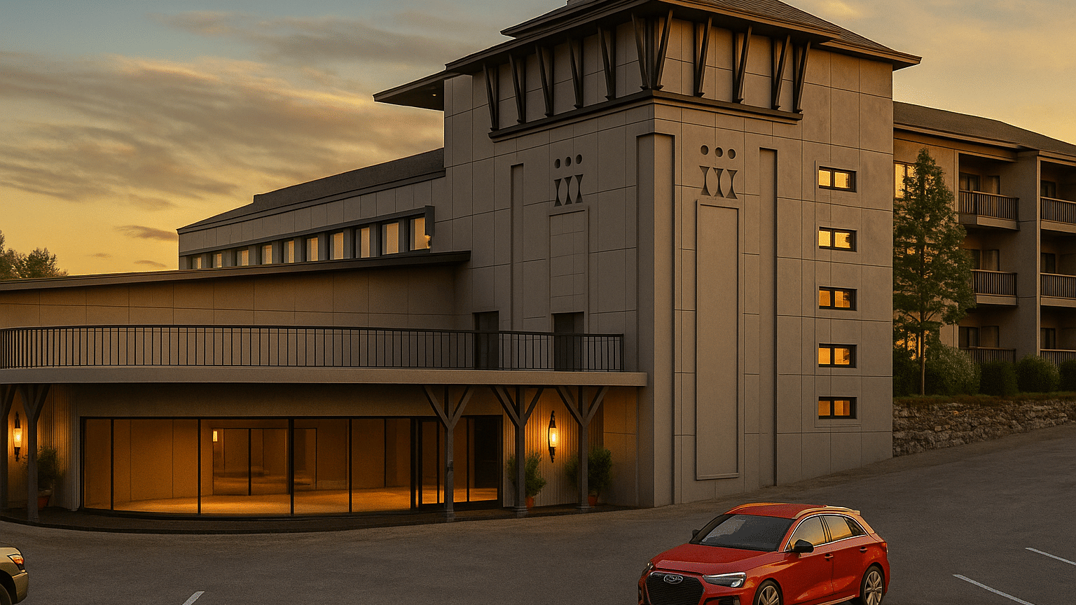 The exterior of Hotel Polo Towers, Kohima, with a a beautiful sunset sky in the background and a red-coloured car in the background.