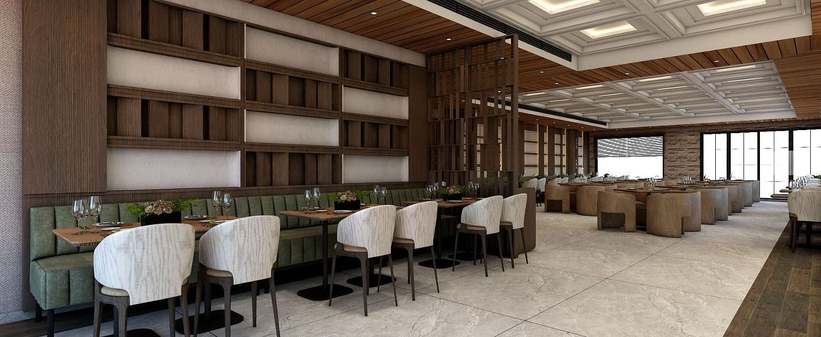 A restaurant with chic and modern interiors with several chairs surrounding the dining tables - Namaste Corbett