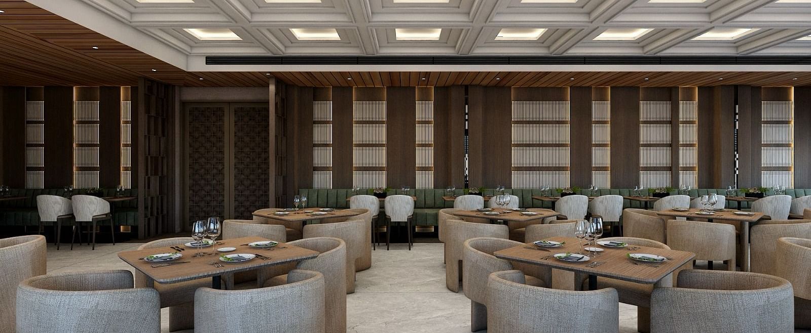 Full view image of the restaurant with featuring an expansive area with grey coloured chairs set around the table - Namaste Corbett