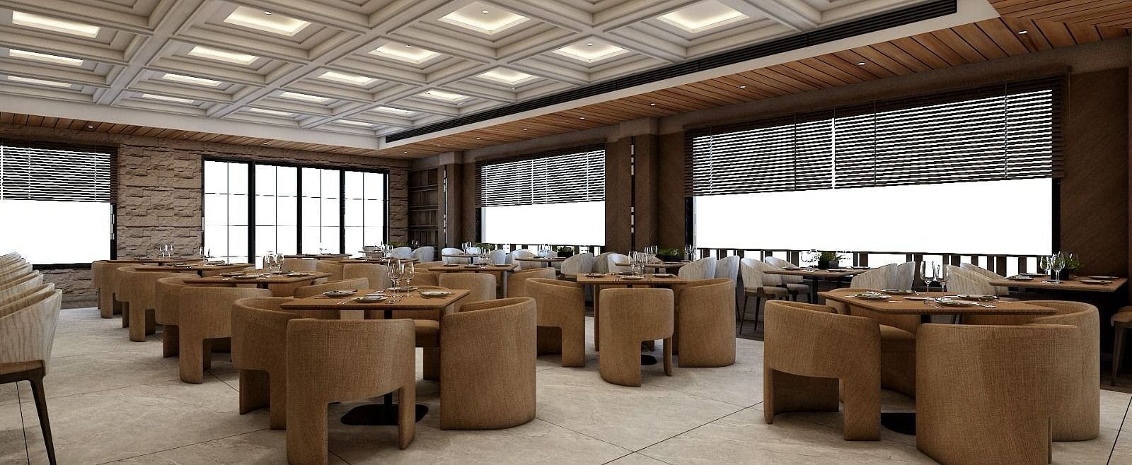 A brightly lit interior of a  restaurant with ample of natural light coming from the huge windows - Namaste Corbett