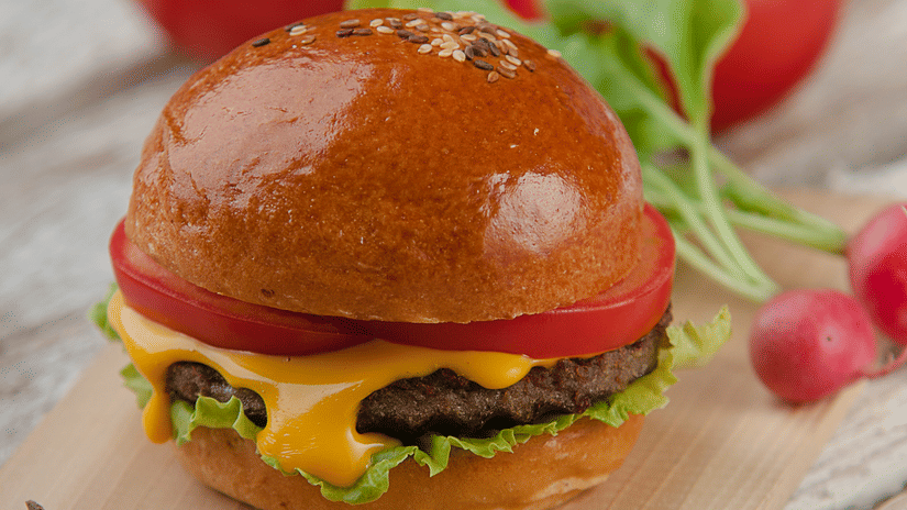 A delicious looking burger served with a side of tomatoes