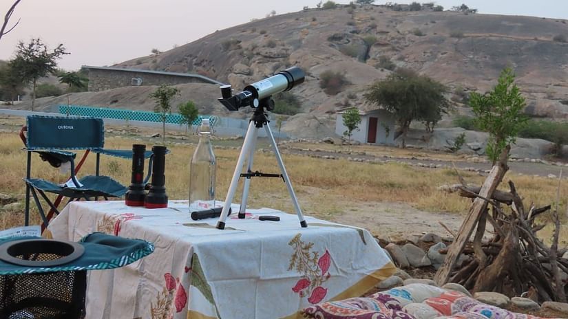 Clarks Safari Jawai - a set up with a telescope to spot leopards