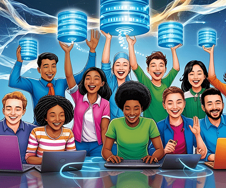 A diverse group of smiling people working on laptops and holding glowing data cylinders in a digital space.