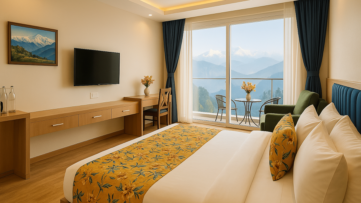 Side view of King Executive View Room With Balcony featuring a cosy bed, wall-mounted TV, and a large window at Summit Norling Resort & Spa, Gangtok