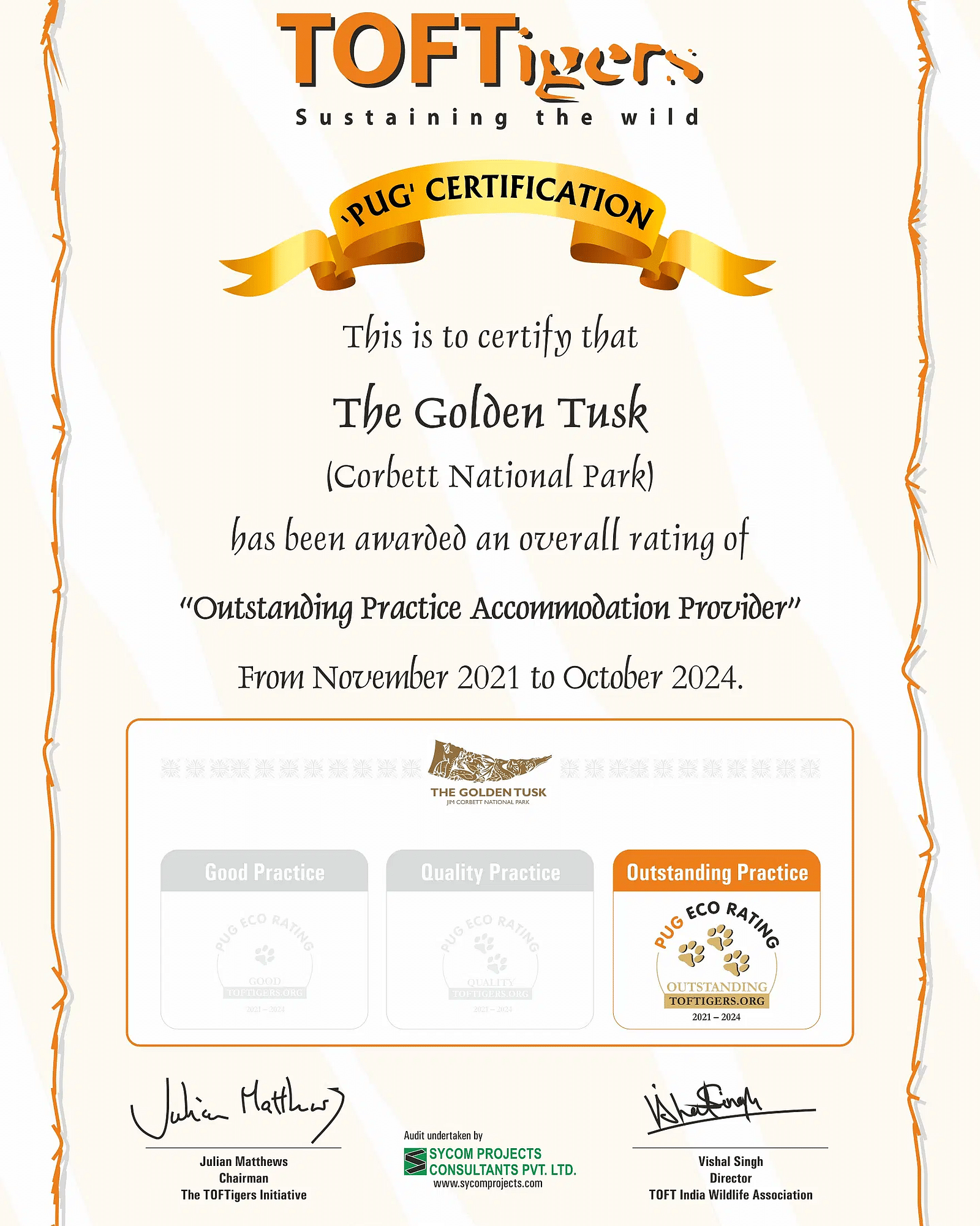 A certificate certifying the Golden Tusk Resort  for quality practice accommodation provider by TOFTigers in 2021.