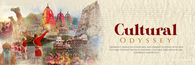 A creative collage of Temples, folk dances,  cultural practices like aarti which comes under Cultural Odyssey Package at Pride Hotels