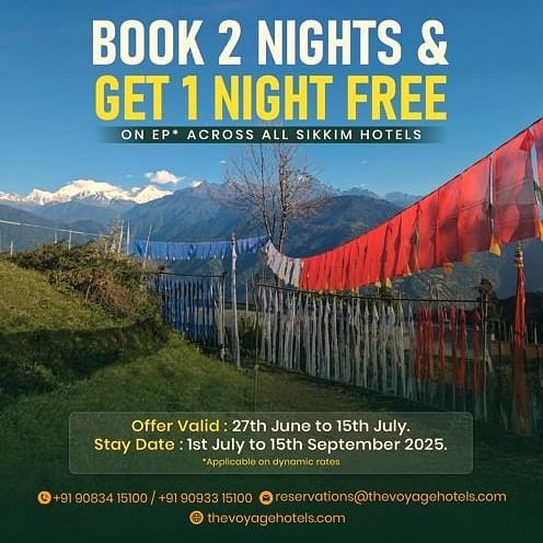 Promotional banner for Voyage Hotels & Resorts offering a Book 2 Nights & Get 1 Night Free deal across all Sikkim properties, valid for stays between July 1st and September 15th, 2025.