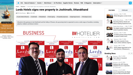 A PR post by BW Hotelier stating Lords Hotels & Resorts announces hotel signing in Joshimath, Uttarakhand