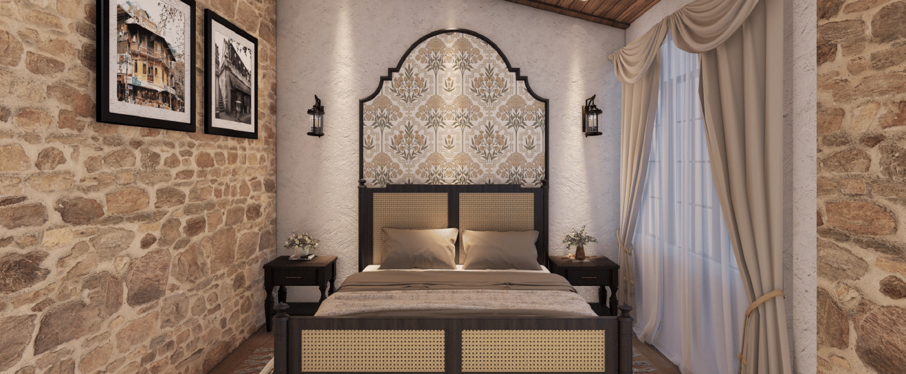 Bedroom with a stone feature wall, vaulted ceiling, and a decorative, arched wrought-iron headboard at BluSalzz Terrah Hills Resort, Dalhousie.