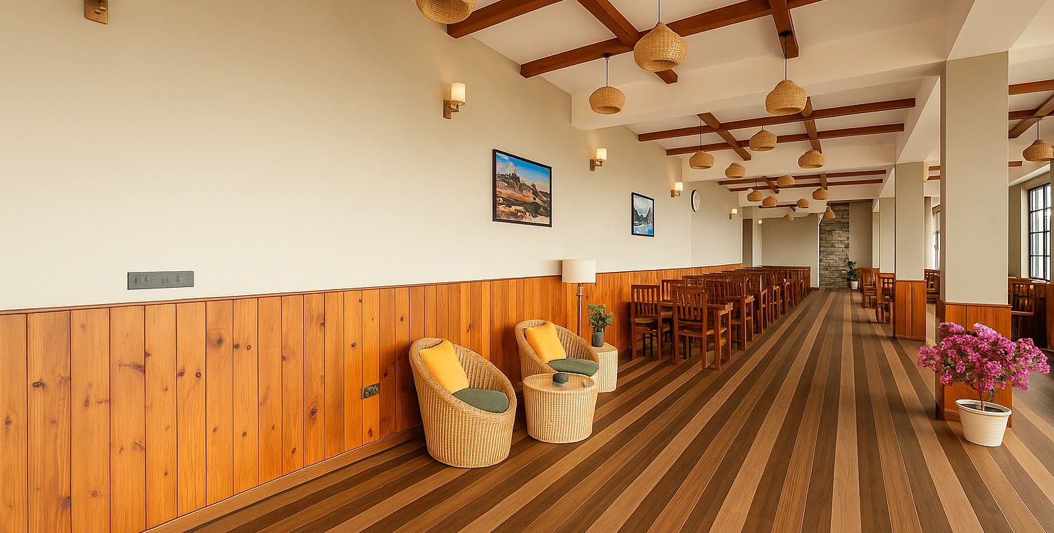 The spacious interior of Summit Enigma Resort & Spa features a long hallway with wood-paneled walls, striped wooden flooring, modern woven seating, and rustic light fixtures.   Sources