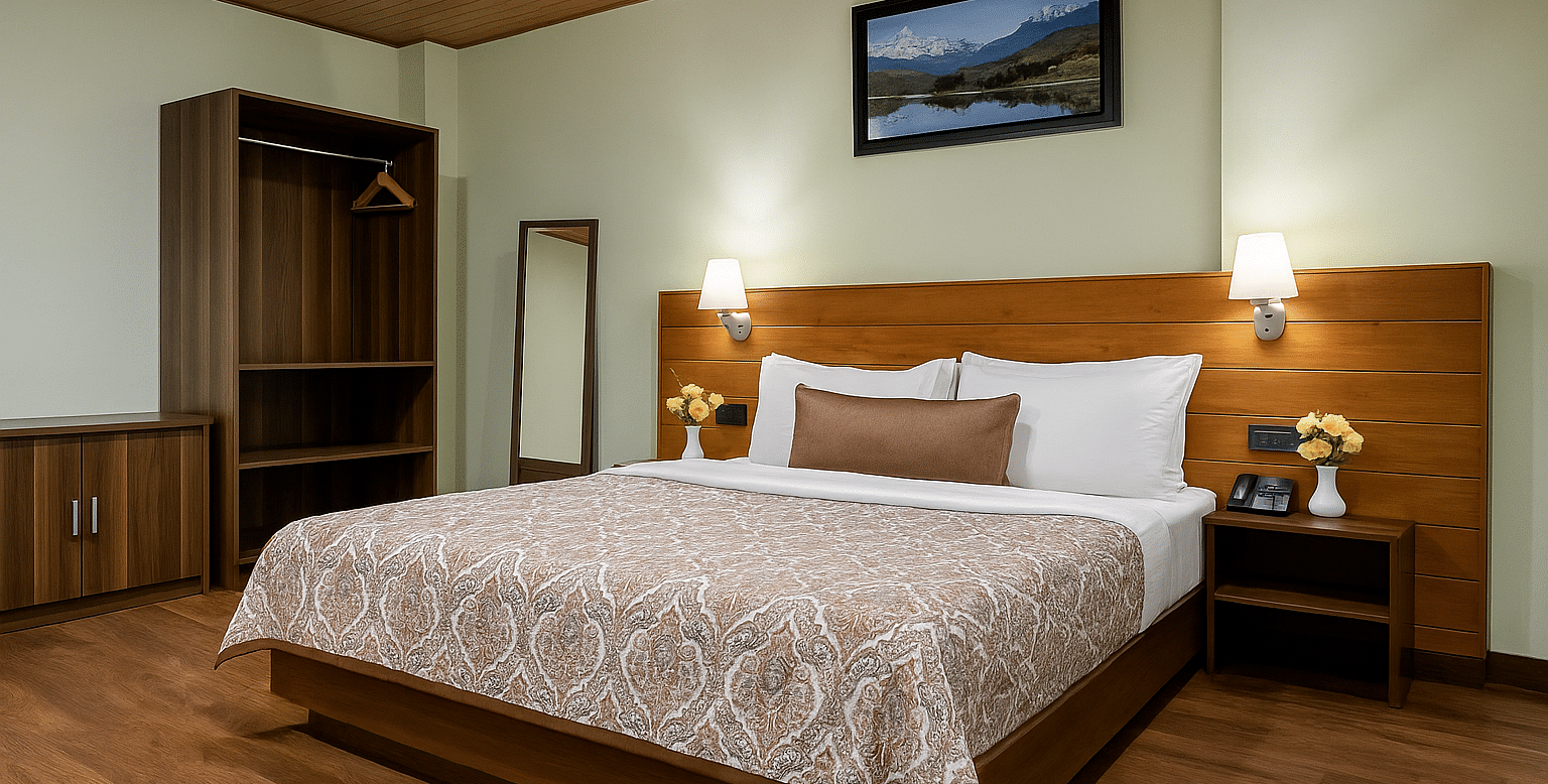 A neatly arranged hotel room at Summit Enigma Resort & Spa features a large bed with a patterned duvet, a wooden headboard, bedside tables with lamps, an open wardrobe, and a framed landscape picture above the bed.