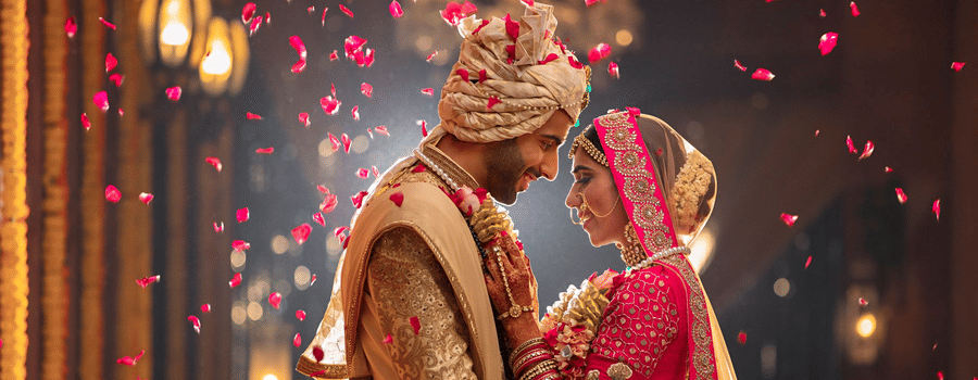 Just married husband and wide embracing each other after the wedding. There are bulb lights in the background and flower petals falling on them from above.