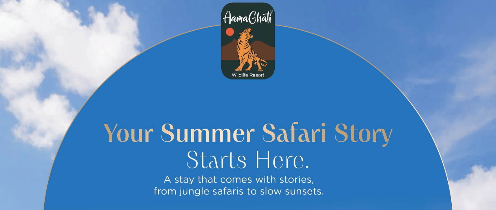 Promotional creative for Summer 2026 Package at AamaGhati Wildlife Resort, offering 1 Night/2 Days stay with room options from INR 25,999 plus taxes and 15% off group bookings, valid till 30th September 2026.