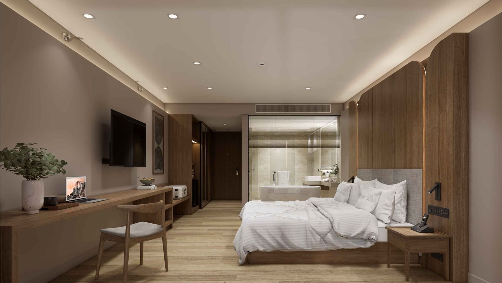 Cosy bedroom with white linens and wooden interiors at Ramada Resort by Wyndham Khao Lak.