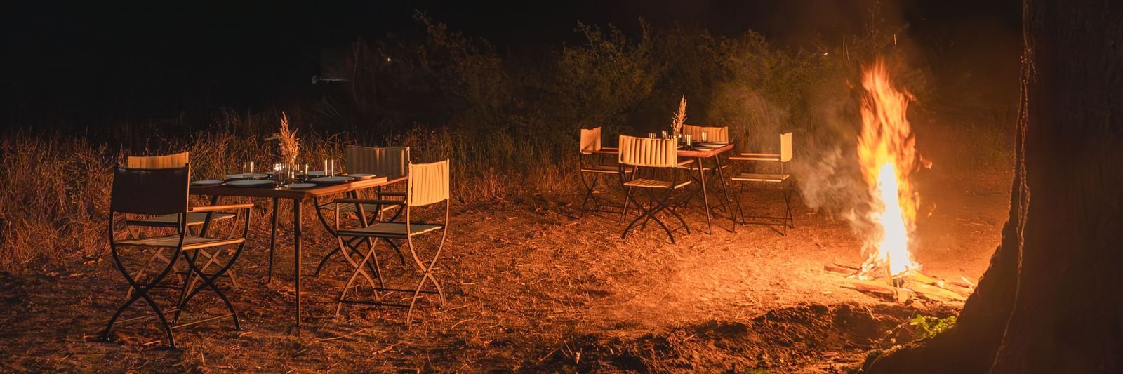 A bonfire surrounded by dining setups at Trees N Tigers, Tadoba.