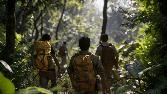 A group of four men with backpacks, hiking through a dense forest, with sunlight filtering through the leaves and reaching the ground.