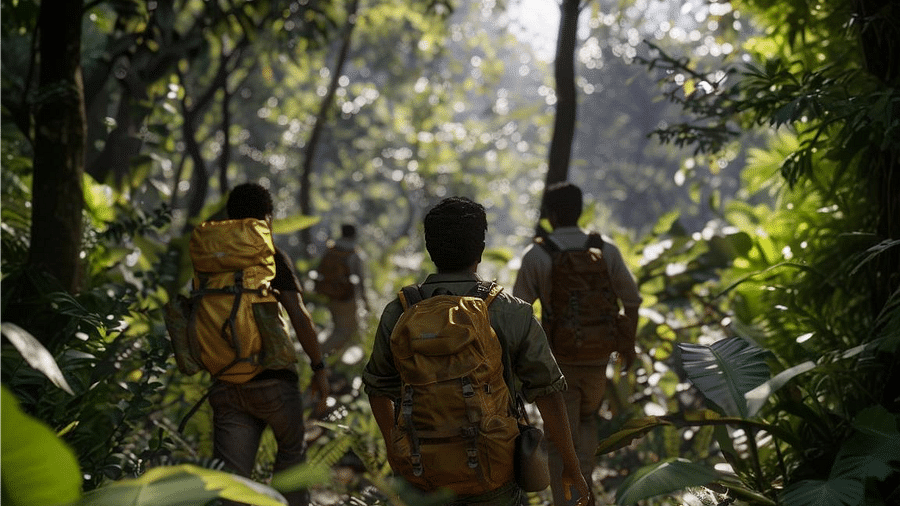 A group of four men with backpacks, hiking through a dense forest, with sunlight filtering through the leaves and reaching the ground.