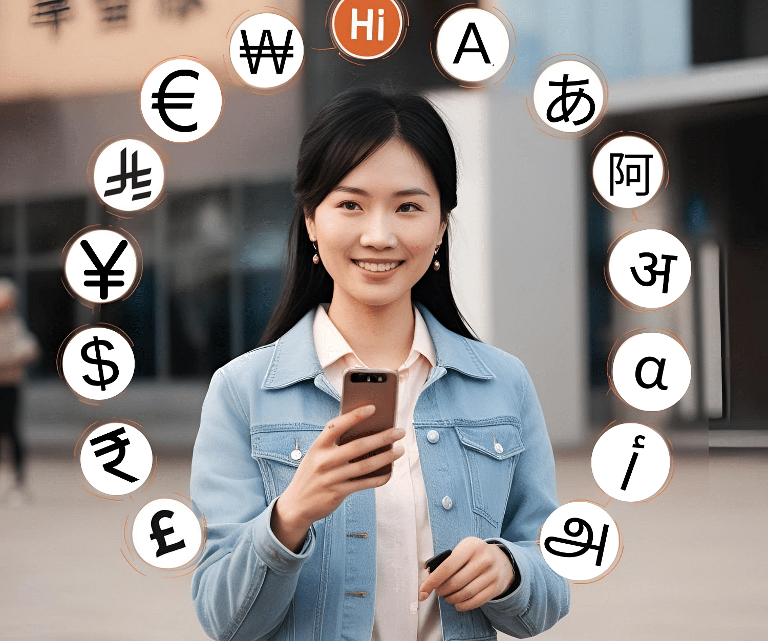 A smiling woman of East Asian appearance holds a phone, surrounded by international currency symbols and characters from various scripts.