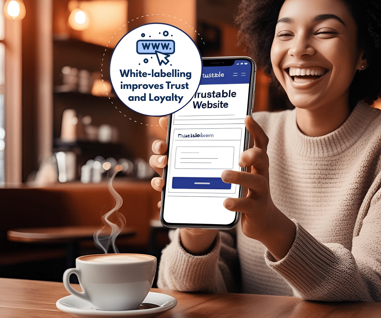 A smiling woman with Afro-textured hair holds a phone displaying a website, with a graphic highlighting how white-labelling improves trust and loyalty.